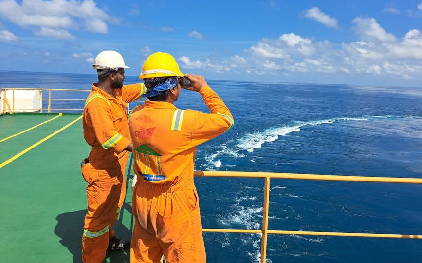 Two maritime workers in safety gear observe the ocean on a sunny day from a ship deck.